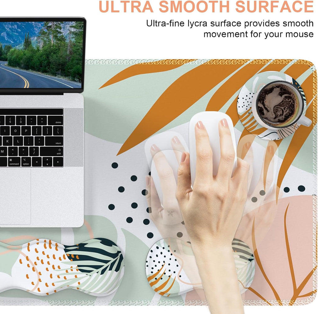 Keyboard Mouse Pad Set, Large Gaming Mouse Pad + Keyboard Wrist Rest Support + Mouse Wrist Cushion + Coaster, Non-Slip Rubber Base, 35.4X15.7In Extended Desk Mat for Office, Abstract Plant