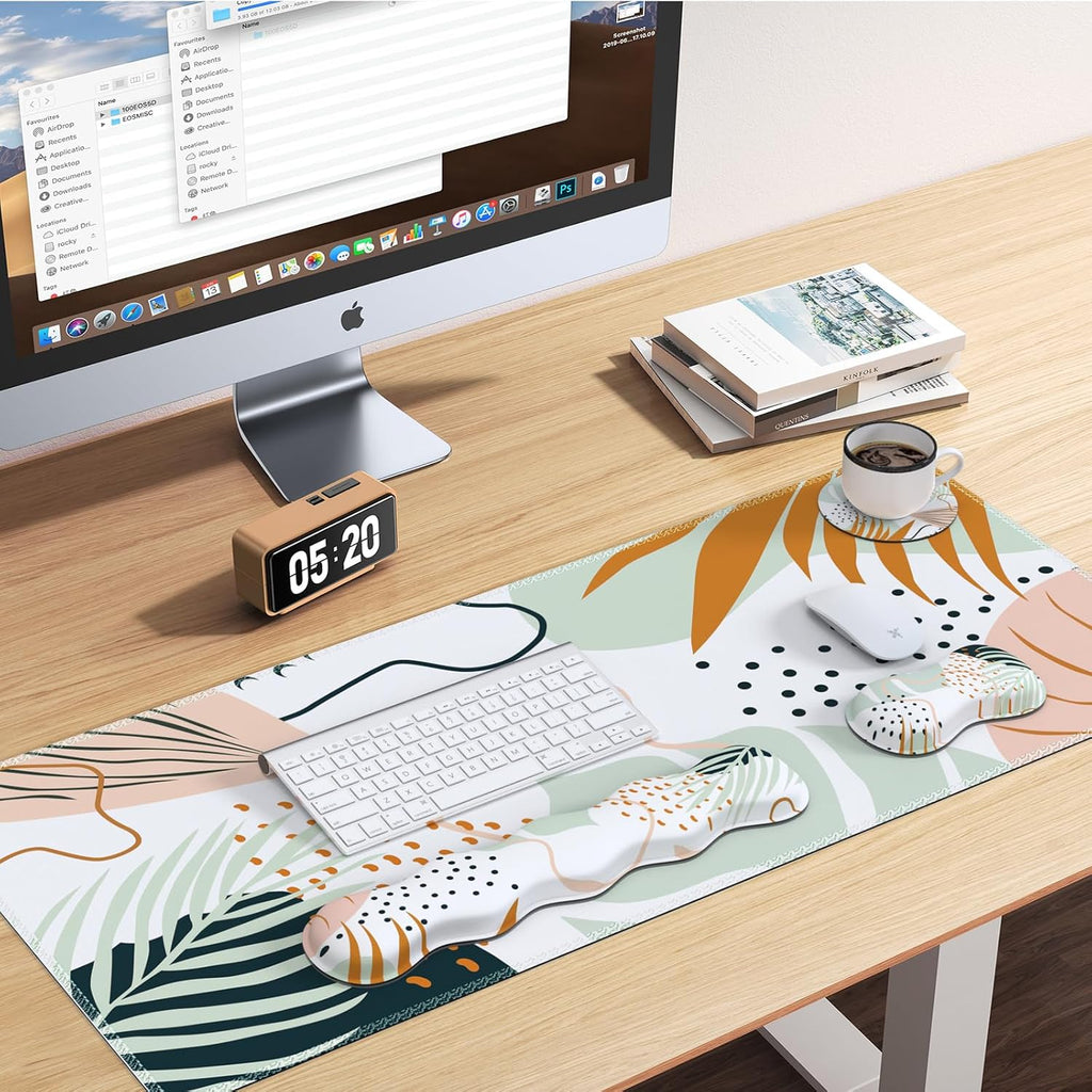 Keyboard Mouse Pad Set, Large Gaming Mouse Pad + Keyboard Wrist Rest Support + Mouse Wrist Cushion + Coaster, Non-Slip Rubber Base, 35.4X15.7In Extended Desk Mat for Office, Abstract Plant