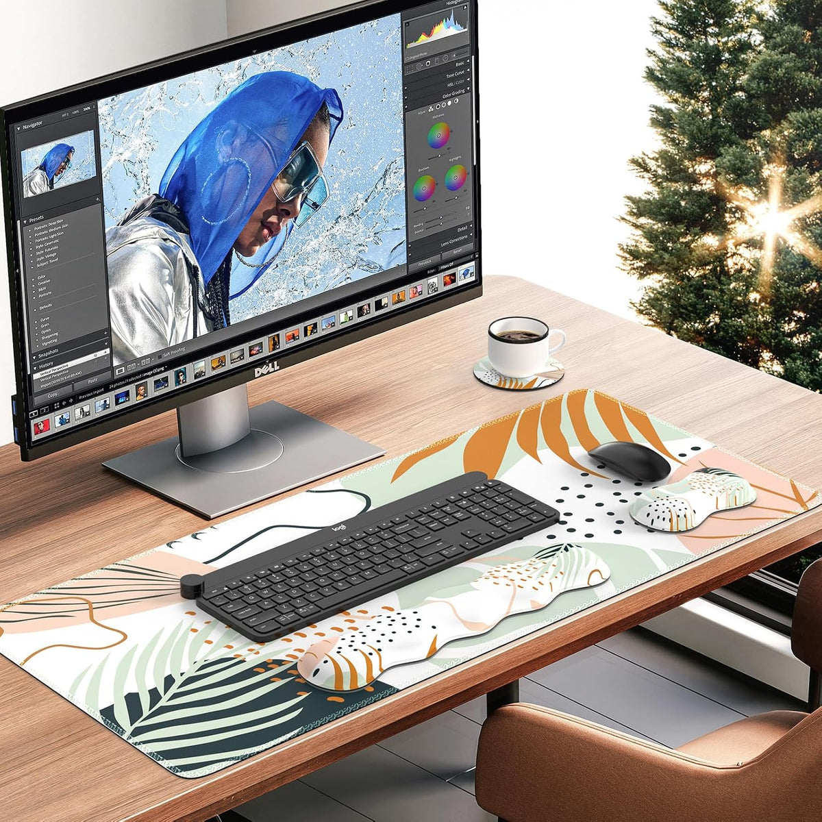 Keyboard Mouse Pad Set, Large Gaming Mouse Pad + Keyboard Wrist Rest Support + Mouse Wrist Cushion + Coaster, Non-Slip Rubber Base, 35.4X15.7In Extended Desk Mat for Office, Abstract Plant