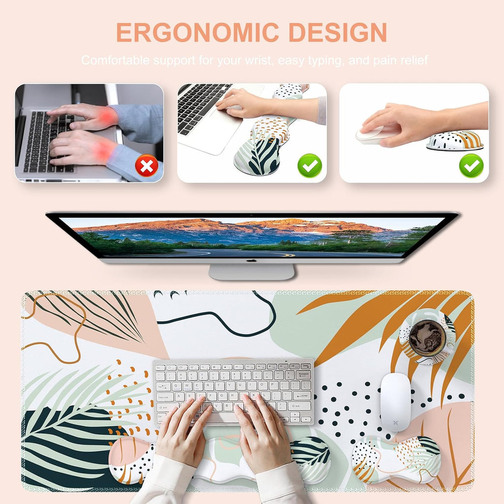Keyboard Mouse Pad Set, Large Gaming Mouse Pad + Keyboard Wrist Rest Support + Mouse Wrist Cushion + Coaster, Non-Slip Rubber Base, 35.4X15.7In Extended Desk Mat for Office, Abstract Plant