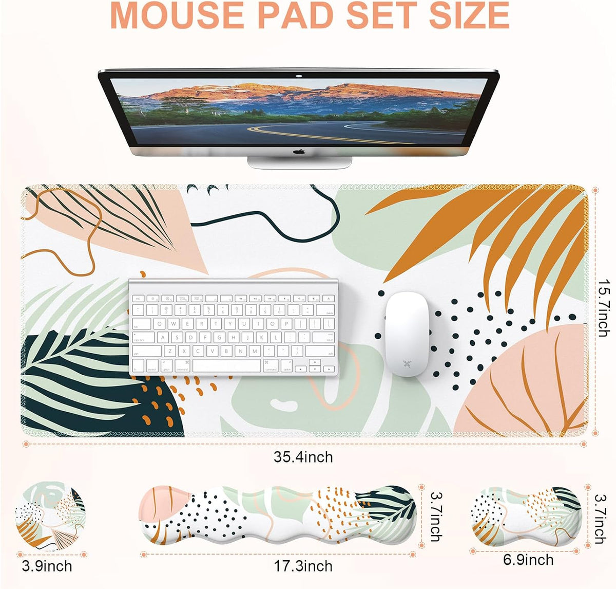 Keyboard Mouse Pad Set, Large Gaming Mouse Pad + Keyboard Wrist Rest Support + Mouse Wrist Cushion + Coaster, Non-Slip Rubber Base, 35.4X15.7In Extended Desk Mat for Office, Abstract Plant
