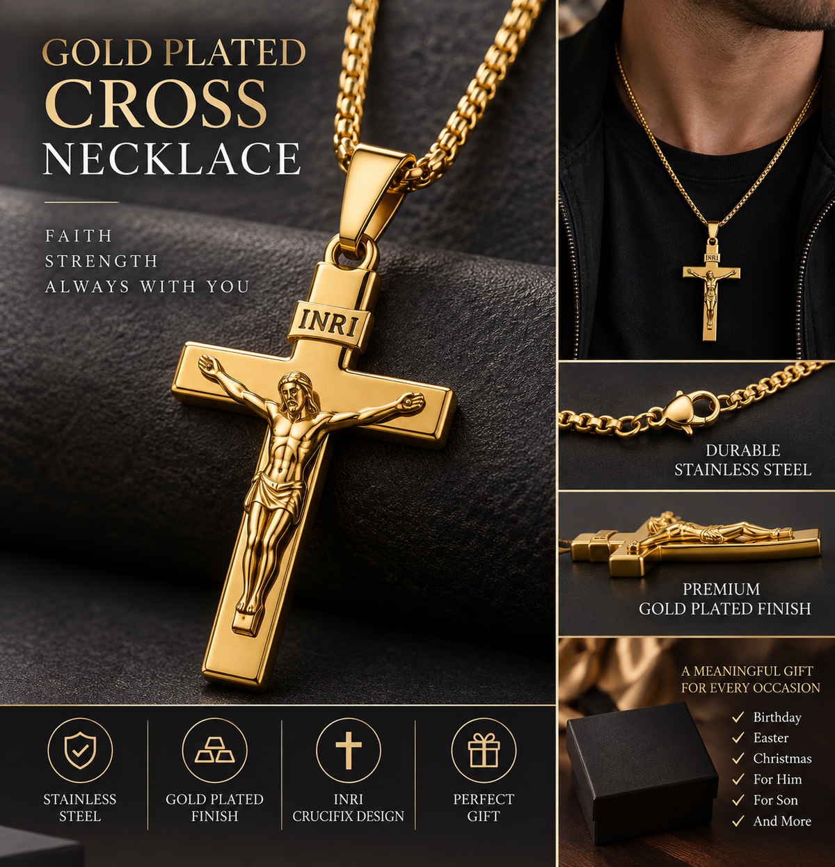 Gold Plated Cross Necklaces for Men Stainless Steel INRI Crucifix Pendant Necklace Jesus Piece Christian Religious Birthday Easter Basket Stuffers Jewelry Gifts Him Son